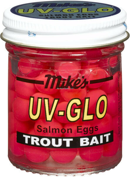 Jar of red fishing eggs labeled 'UV-GLO Trout Bait' with a white lid.