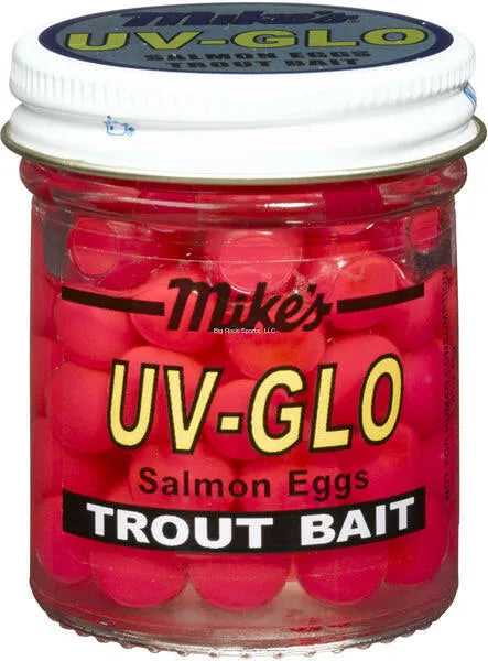 Jar of red fishing eggs labeled 'UV-GLO Trout Bait' with a white lid.