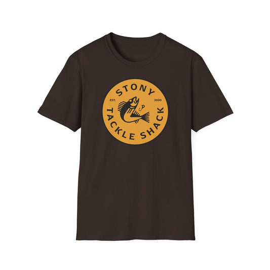 Brown t-shirt with yellow logo on a white background