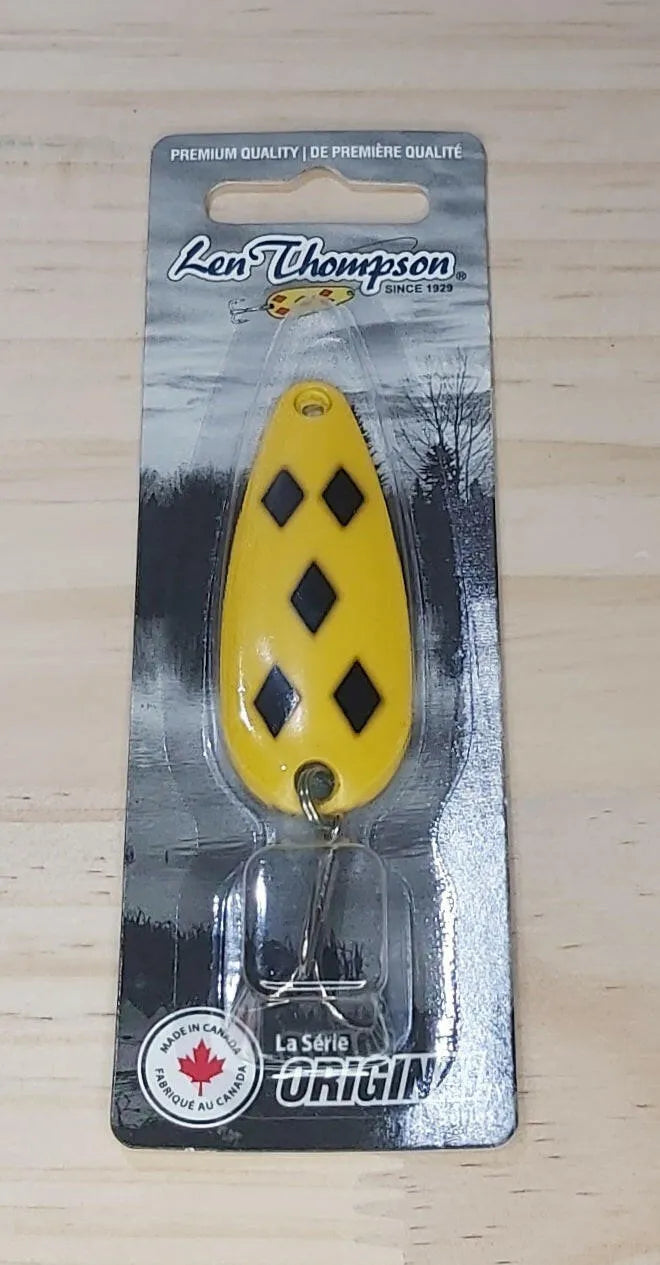 Len Thompson Yellow & Black Five of Diamond Spoons in sizes - #6, #7, #8, #00, #0, #1, #2