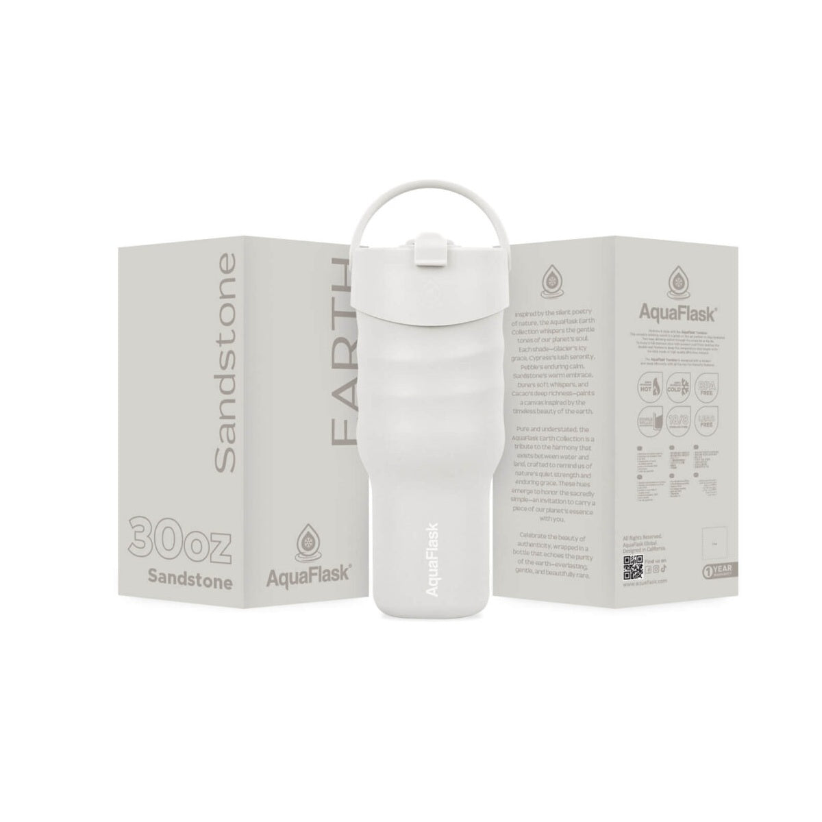 AquaFlask Earth Collection 30oz Insulated Stainless Steel Tumbler with Handle – Hot 12H / Cold 24H, Leak-Proof & Durable