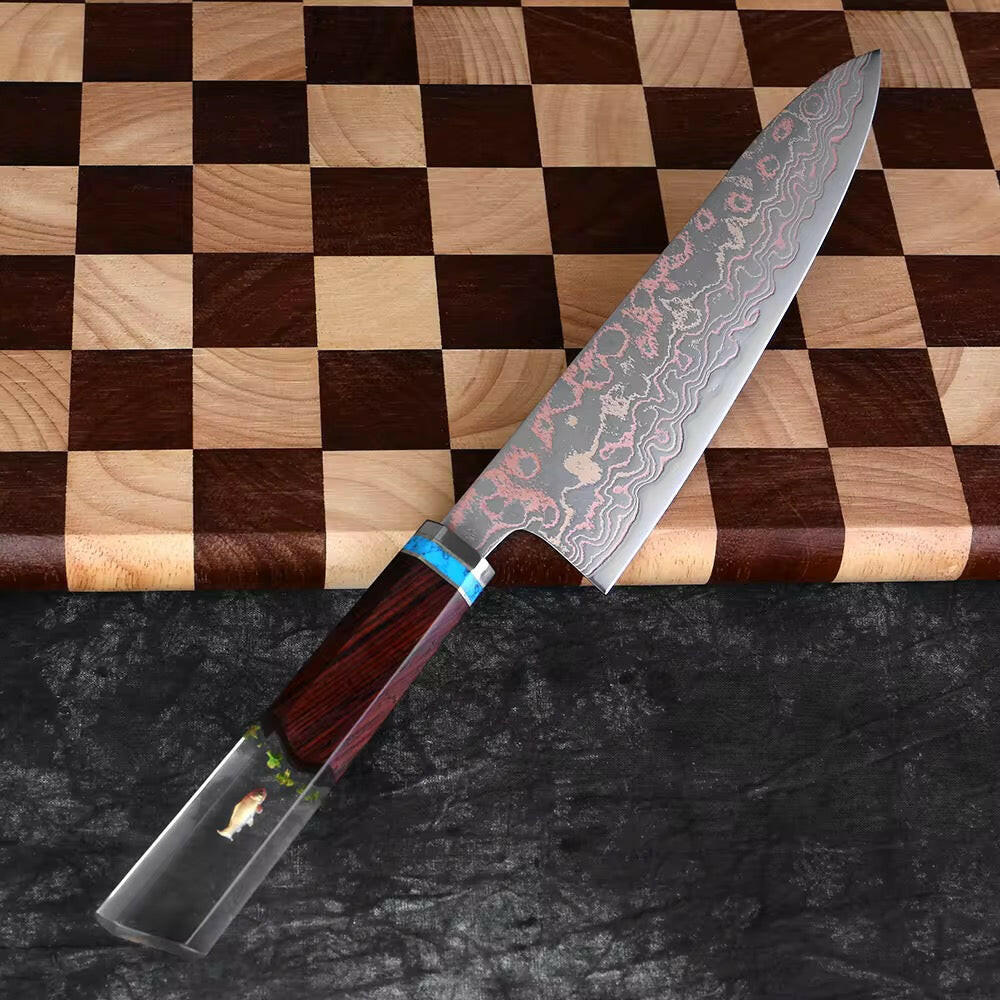 Decorative chef's knife with a wooden handle on a checkered wooden board