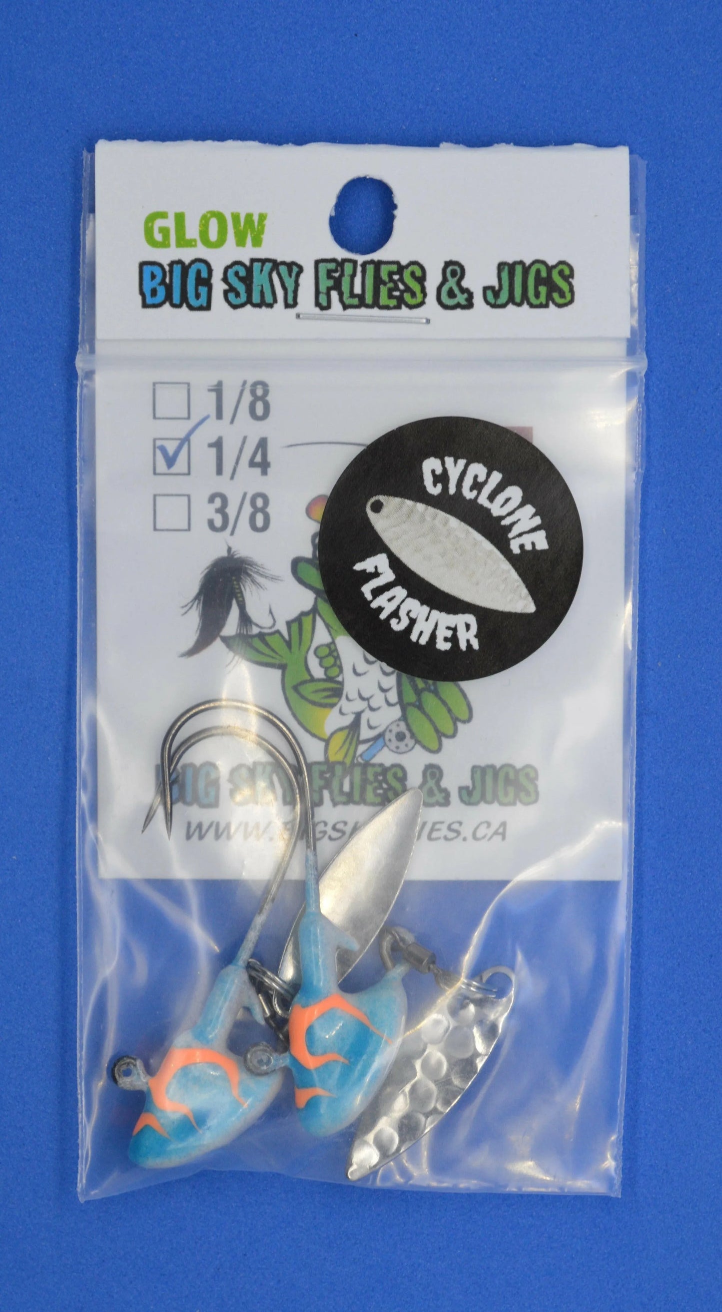 Big Sky Deluxe Cyclone Glow Jigs 3/8oz 2/pack White/Blue Splash w/Orange lines