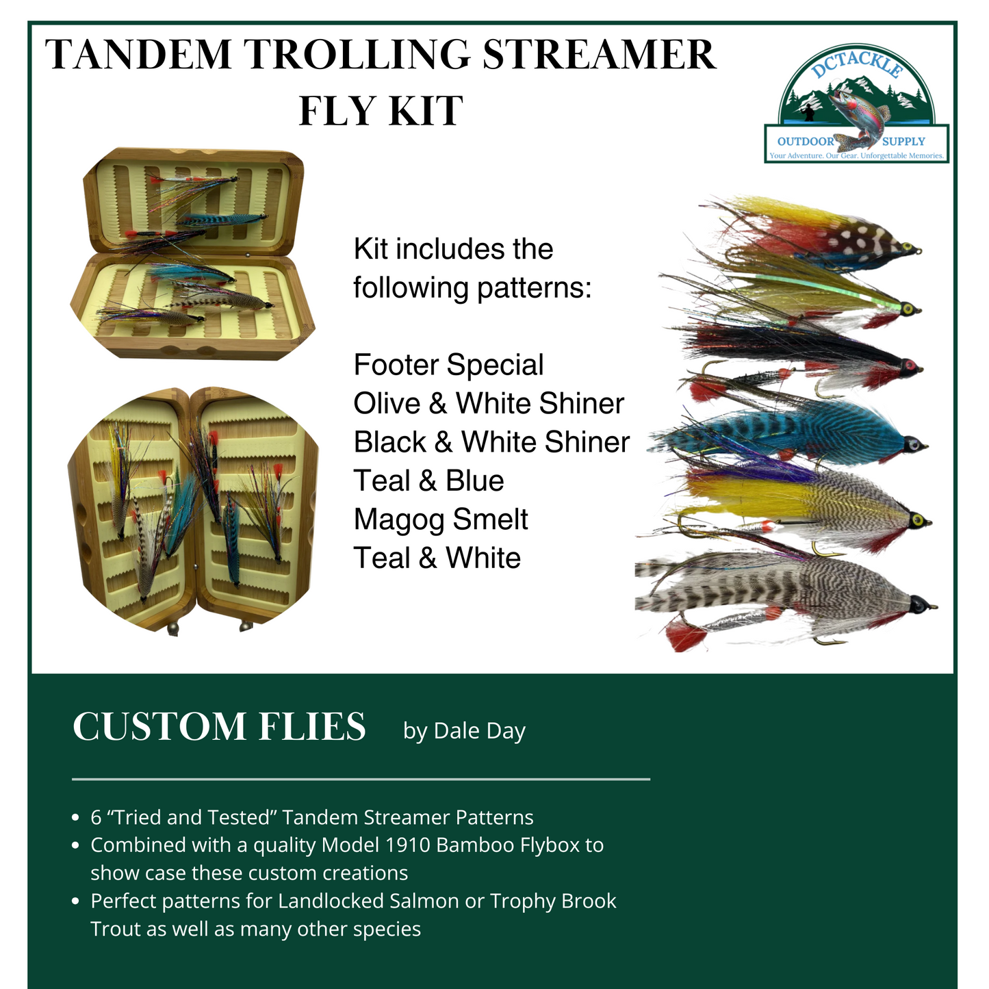 Fly Fishing Kit, Tandem Trolling Streamer, Landlocked Salmon, Bamboo Flybox