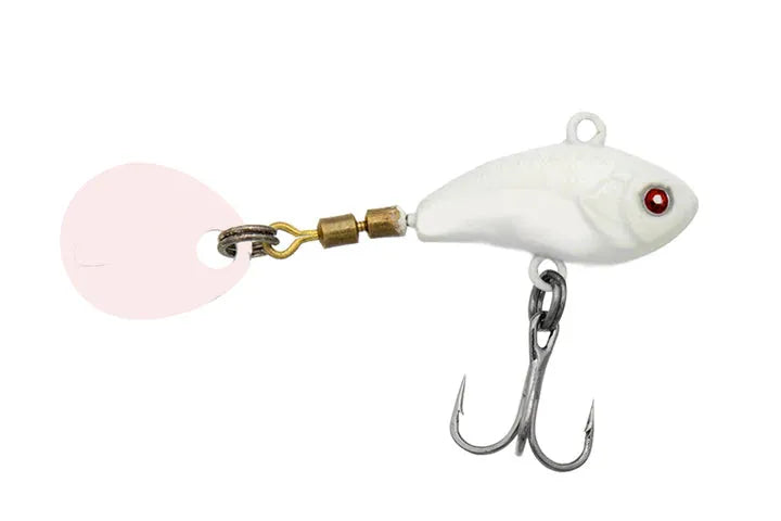 Fishing lure with a white body and white Colorado spoon on a white background
