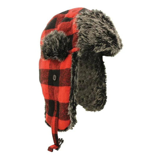 Lumberjack Red Plaid Fur Trappers Cap