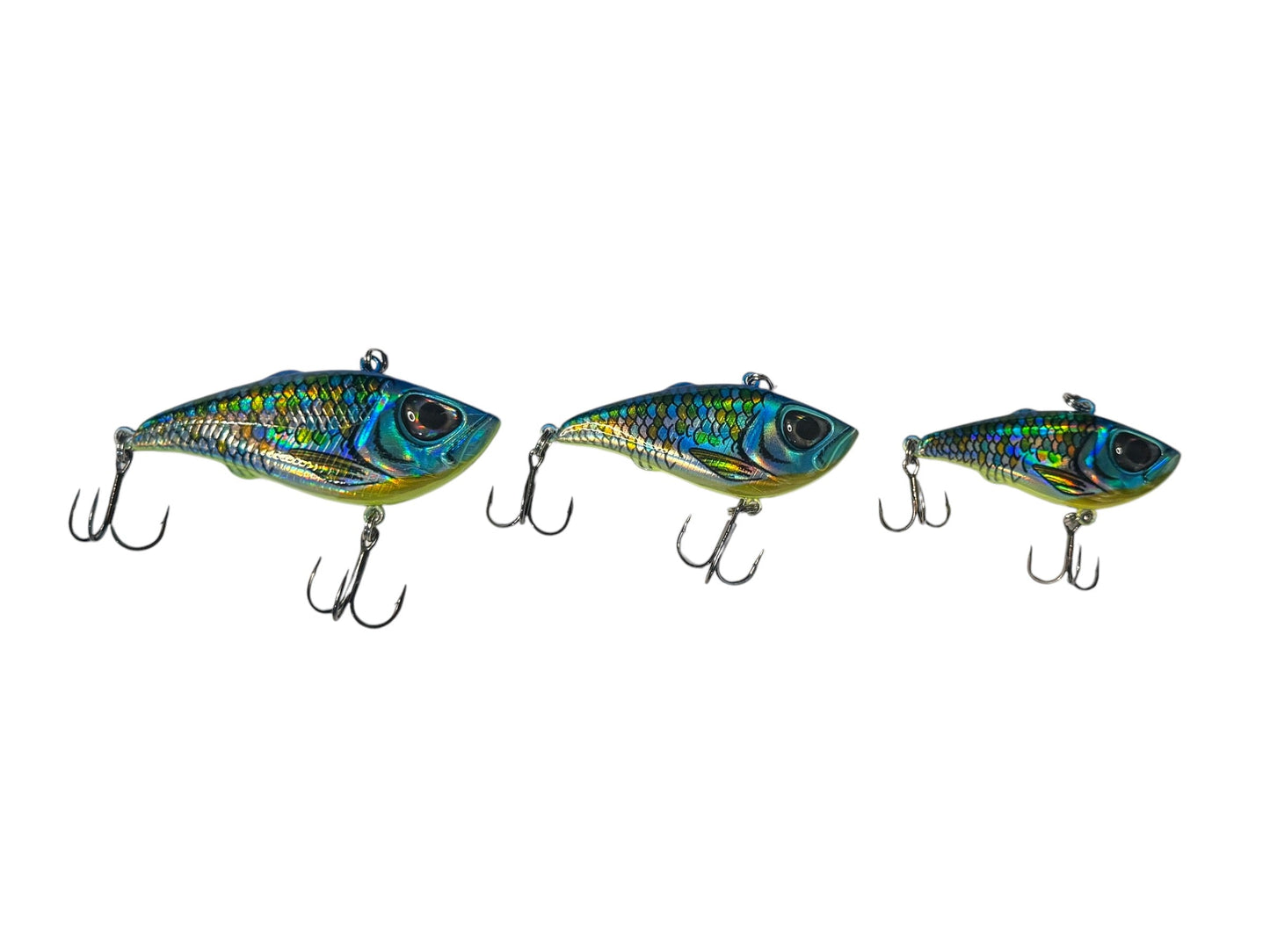Three colorful fishing lures on a white background