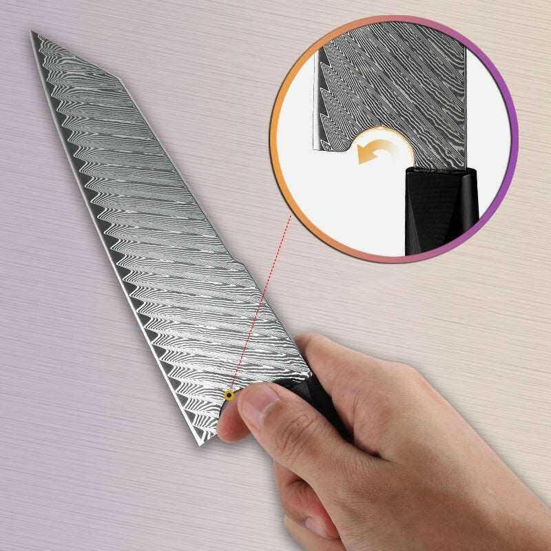 Hand holding a knife with a detailed blade design on a light background