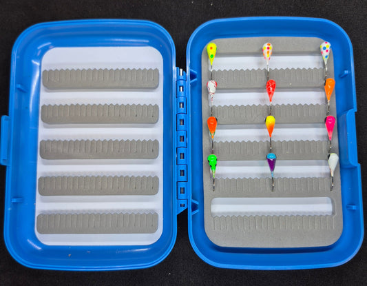 Blue fishing lure case with various colorful fishing lures on a black background