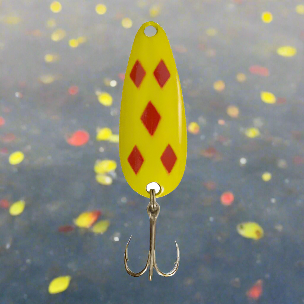 Len Thompson yellow and red five of diamonds on flashy red, yellow, and grey background