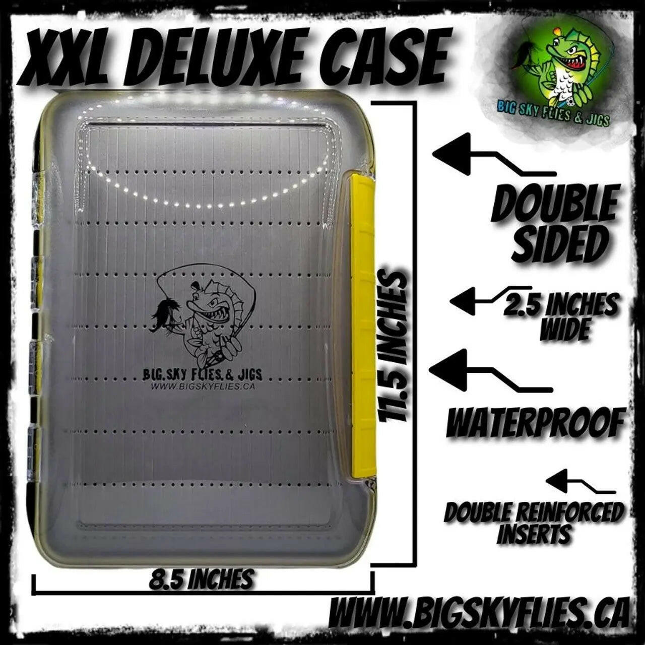 Big Sky large yellow jig case with descriptions on white background