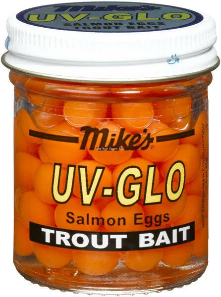 Jar of orange trout bait labeled 'UV-GLO Salmon Eggs' by Mike's on a white background