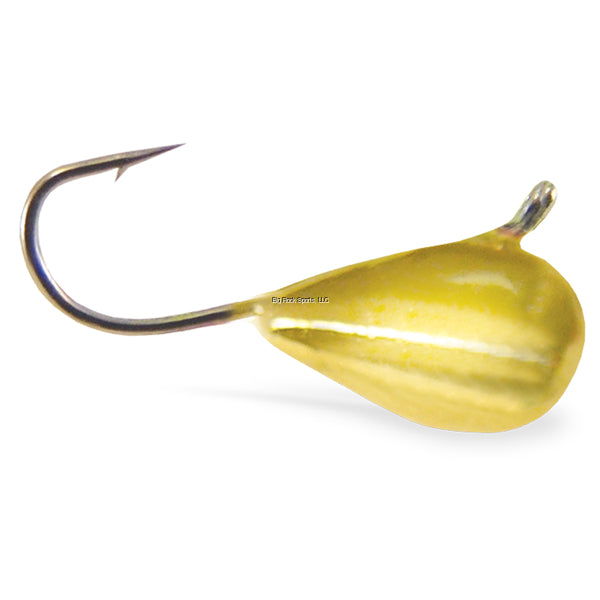 Tungsten fishing lure gold with a hook on a white background