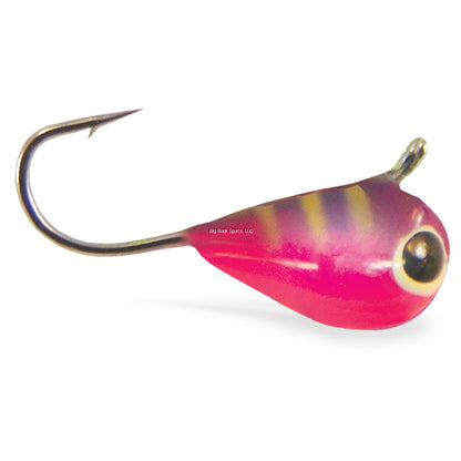 Tungsten Fishing lure with pink and gold striped body on a white background