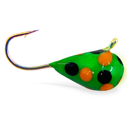 Tungsten Fishing lure with a green body, black and orange spots on a white background