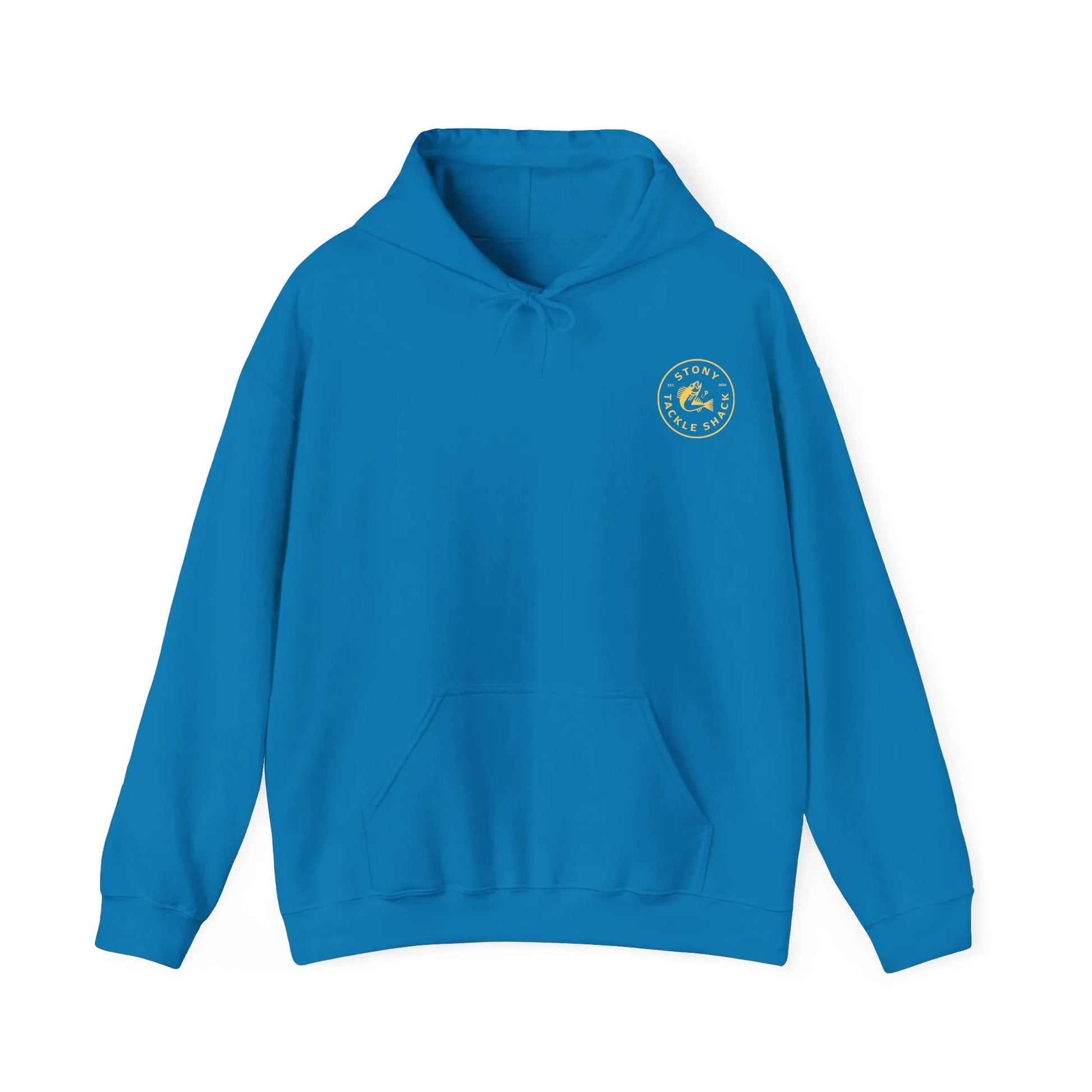 Blue hoodie with a logo on the chest against a white background
