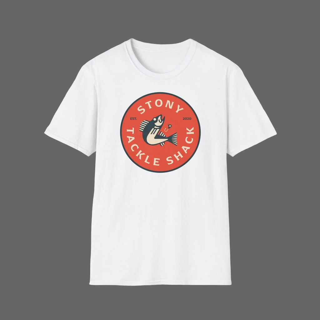 White t-shirt with a red and black logo on a grey background