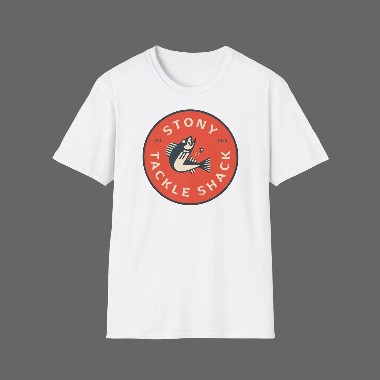 White t-shirt with a red and black logo on a grey background