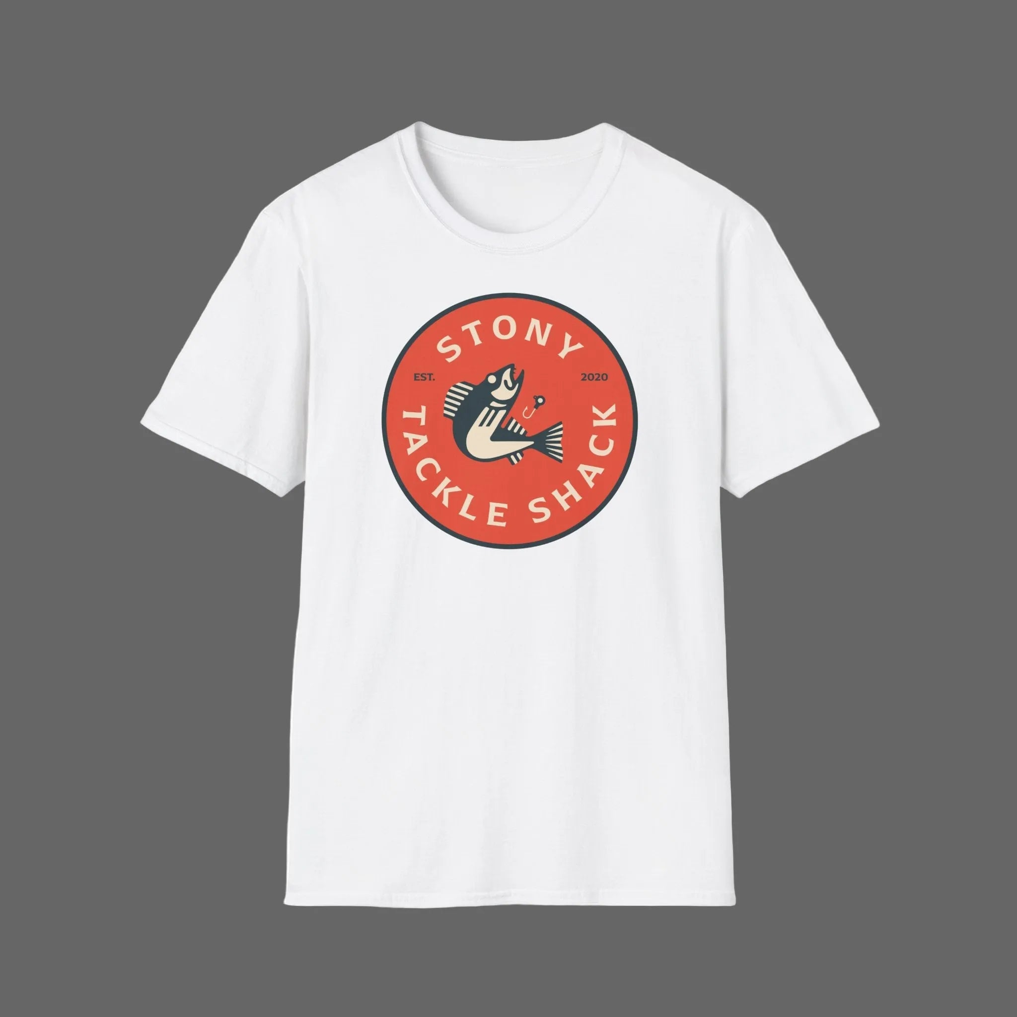 White t-shirt with a red and black logo on a grey background