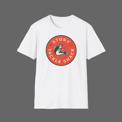 White t-shirt with a red and black logo on a grey background