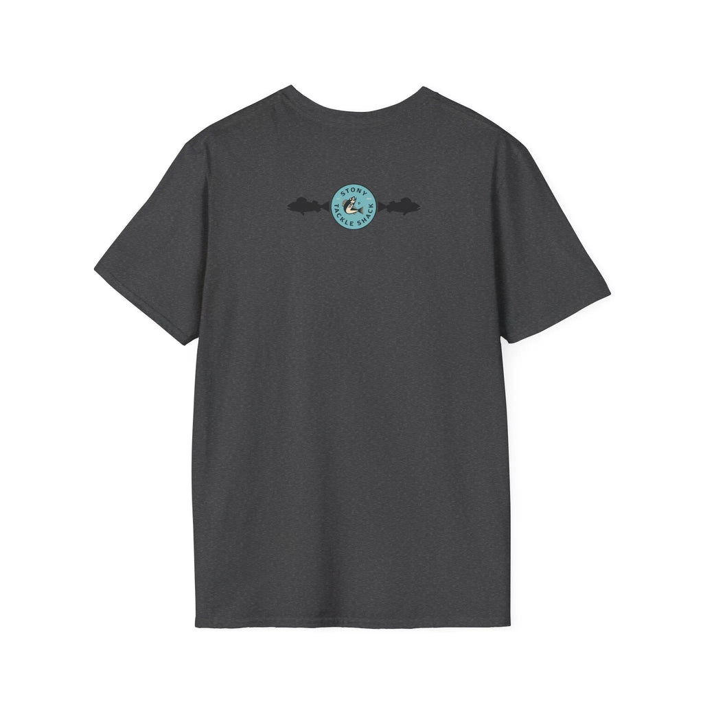 Dark gray t-shirt with a logo on the back against a white background