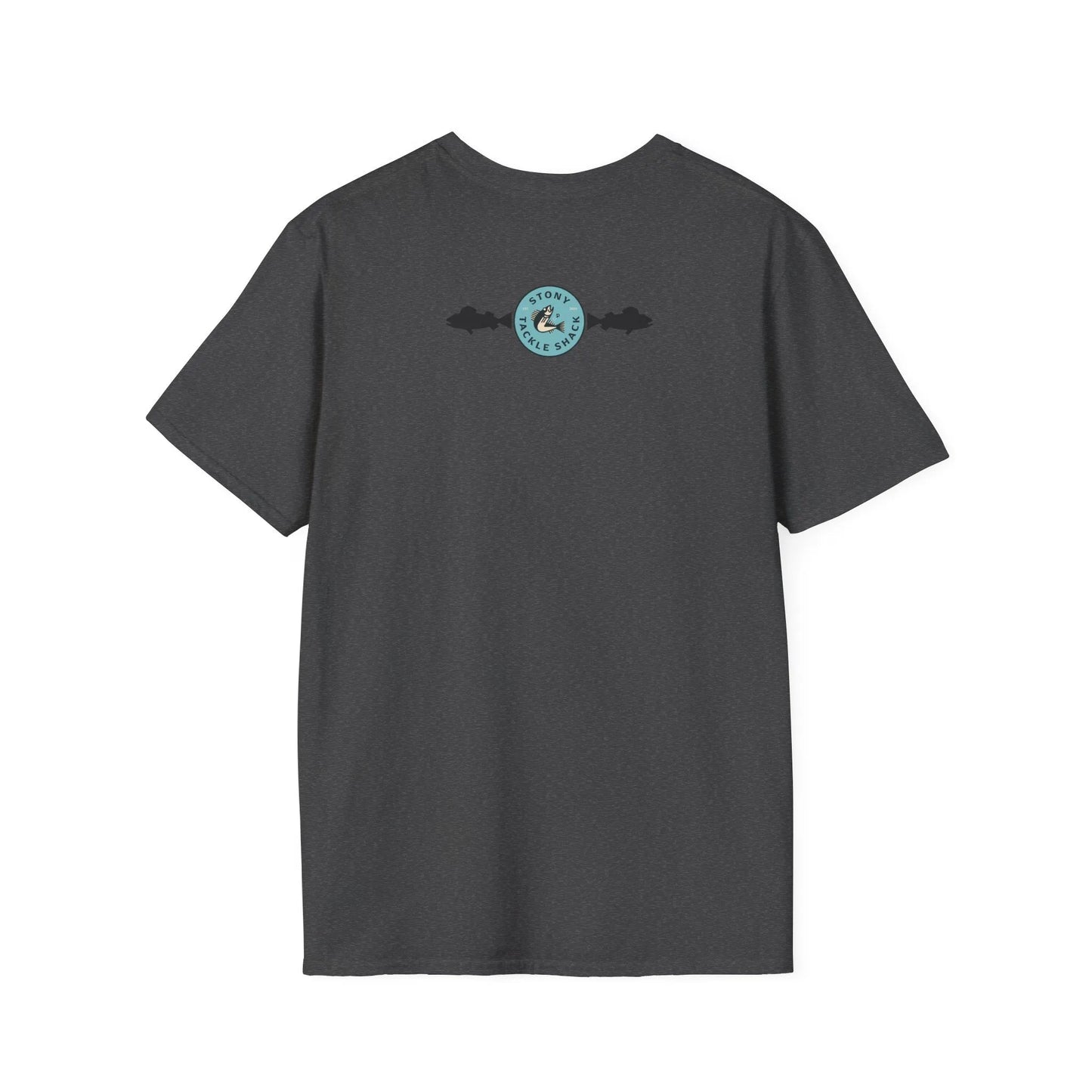 Dark gray t-shirt with a logo on the back against a white background