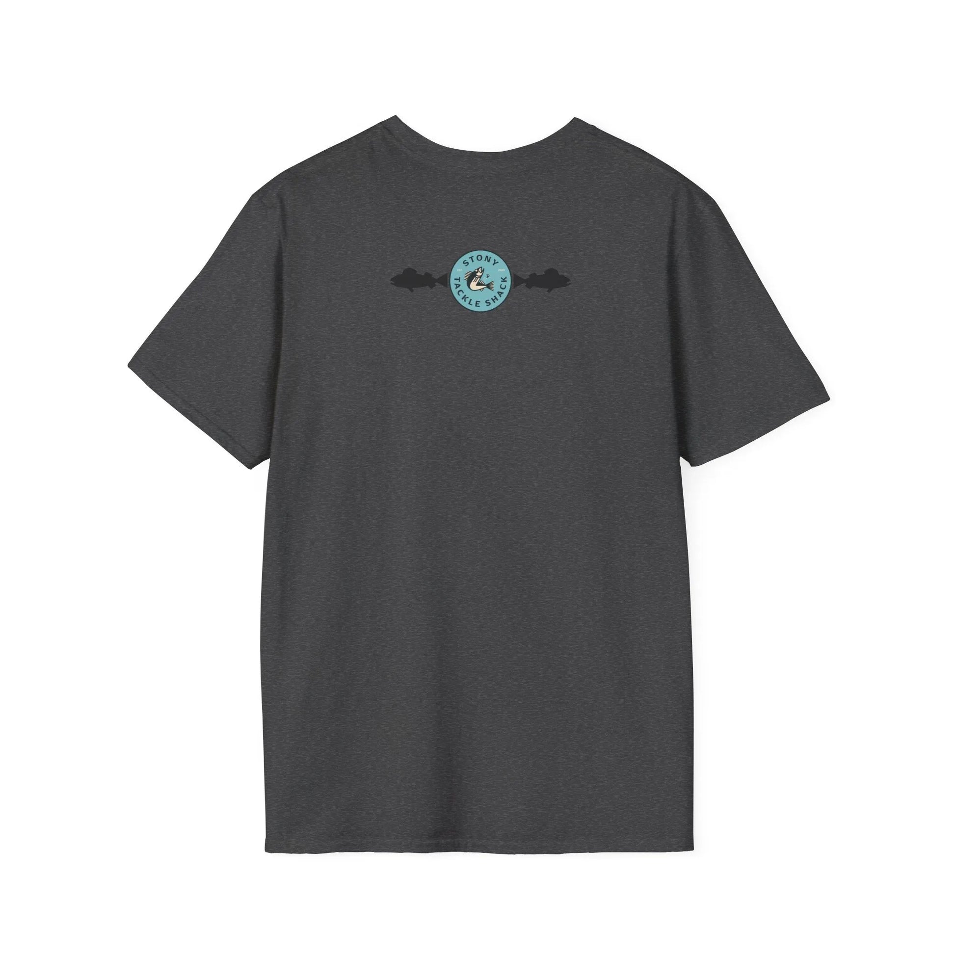 Dark gray t-shirt with a logo on the back against a white background