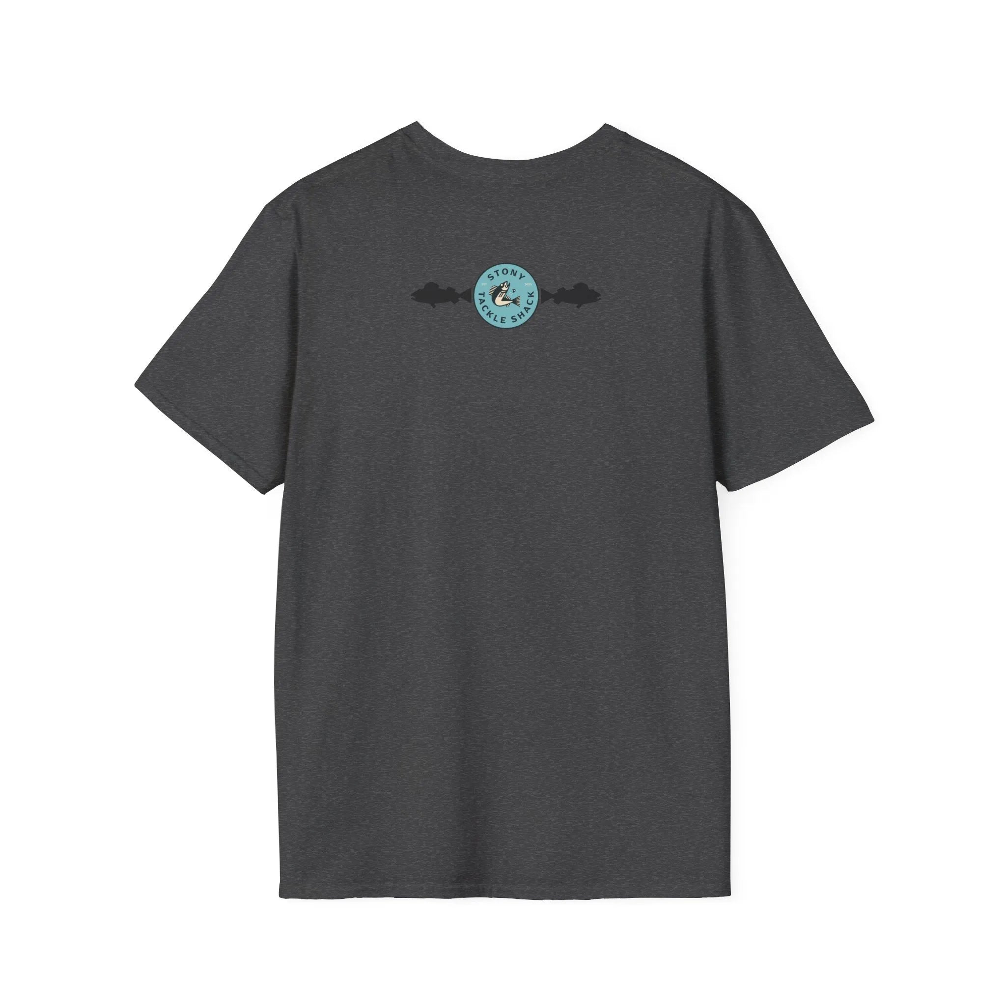 Dark gray t-shirt with a logo on the back against a white background