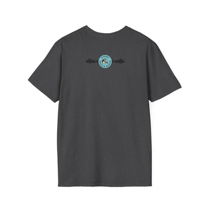 Dark gray t-shirt with a logo on the back against a white background