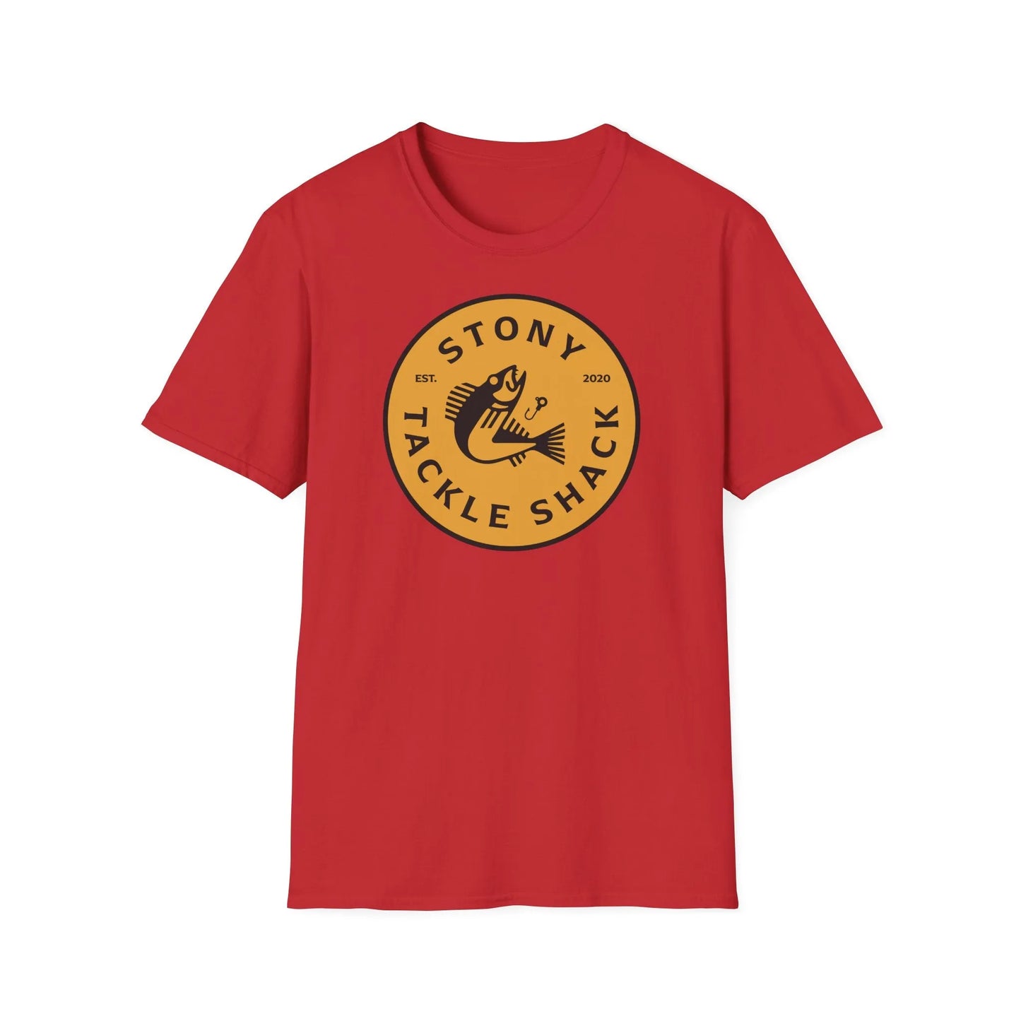Red t-shirt with yellow 'Stony Tackle Shack' logo on a white background