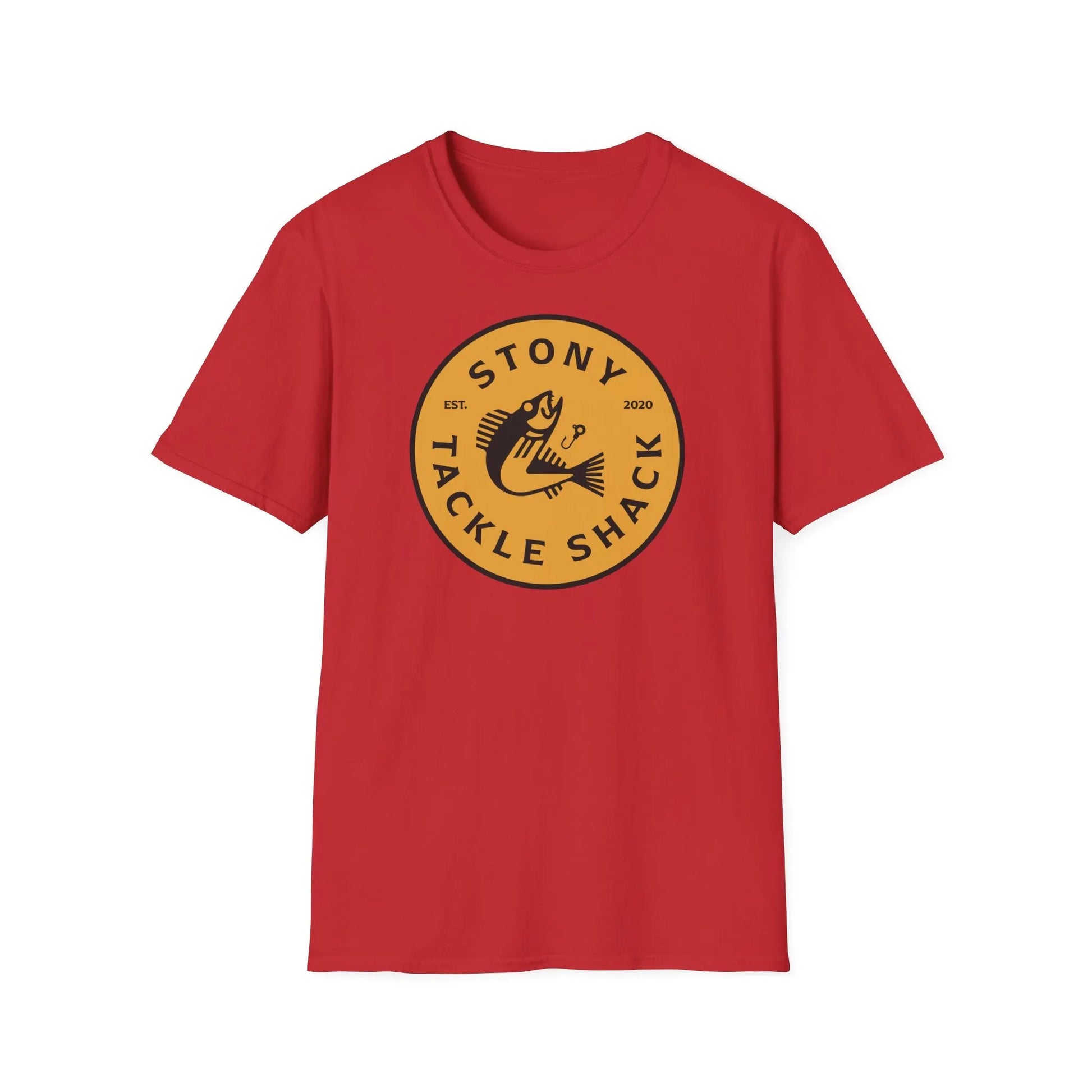Red t-shirt with yellow 'Stony Tackle Shack' logo on a white background