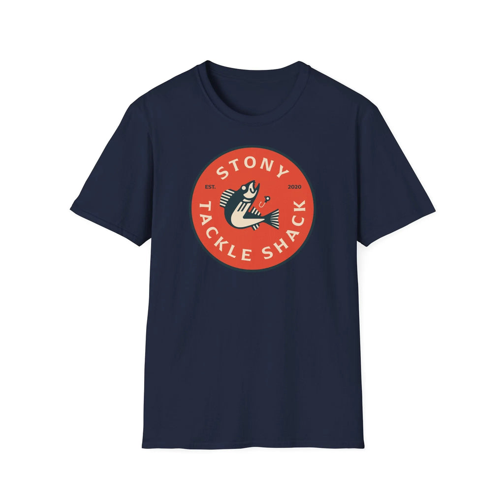 Navy blue t-shirt with a red and white logo on a white background