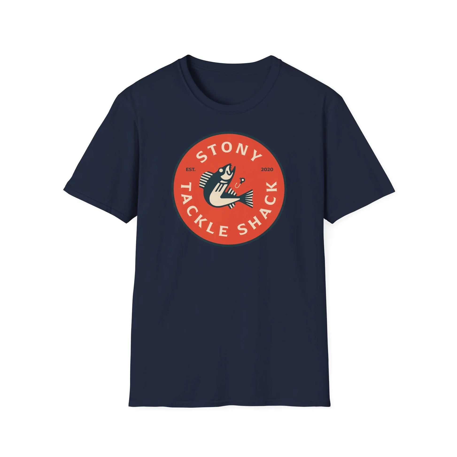 Navy blue t-shirt with a red and white logo on a white background