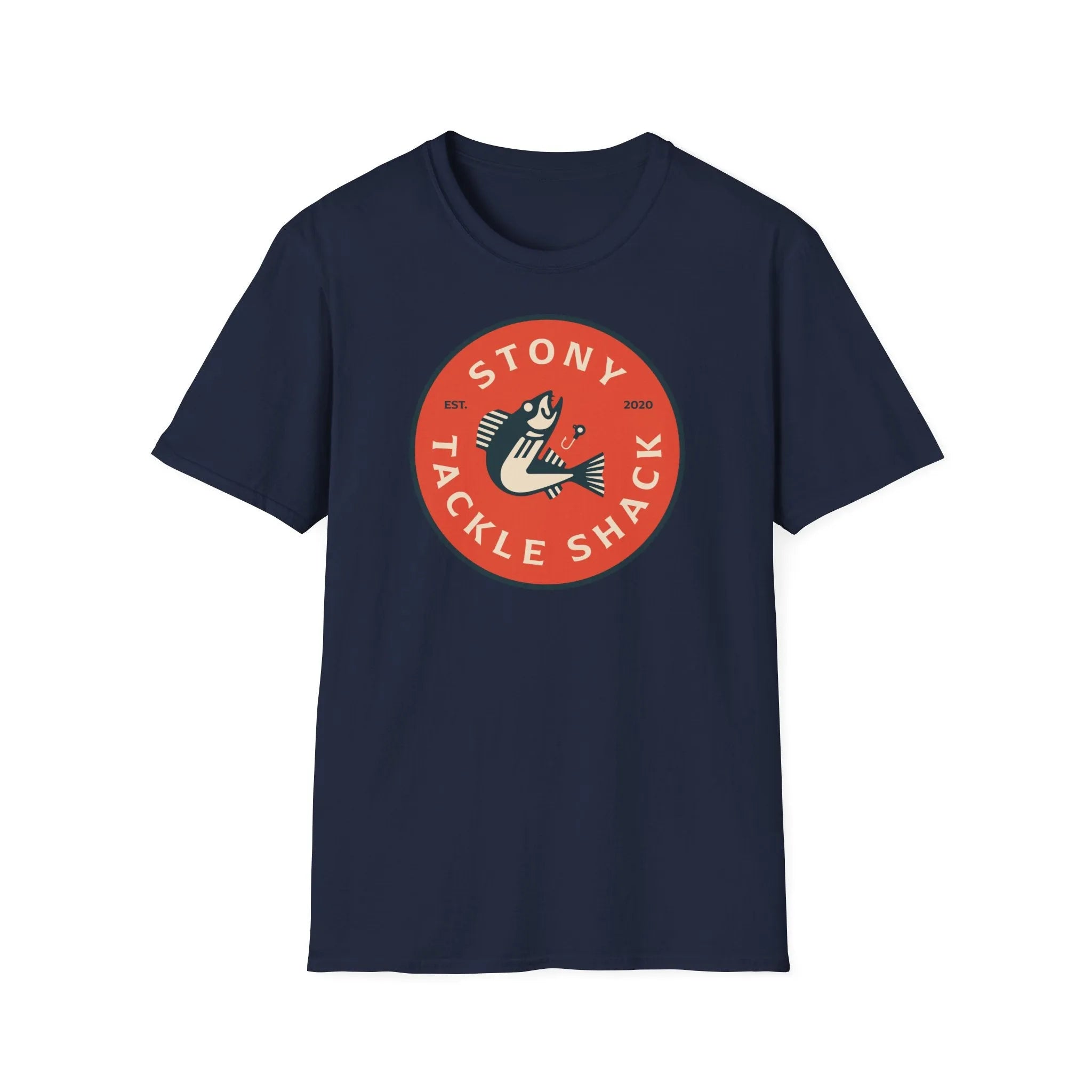 Navy blue t-shirt with a red and white logo on a white background