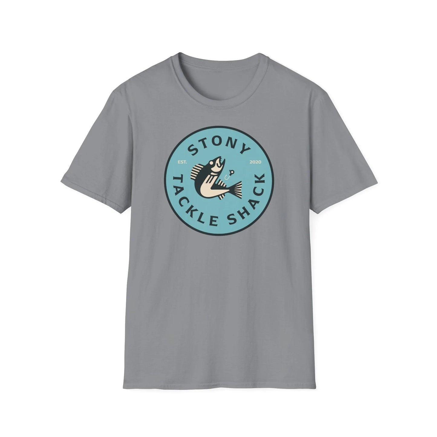 Asphalt Gray t-shirt with 'Stony Tackle Shack' logo on a white background