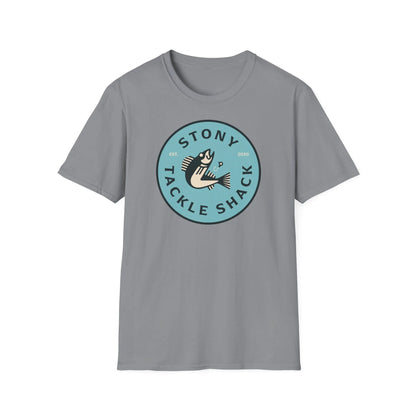 Asphalt Gray t-shirt with 'Stony Tackle Shack' logo on a white background