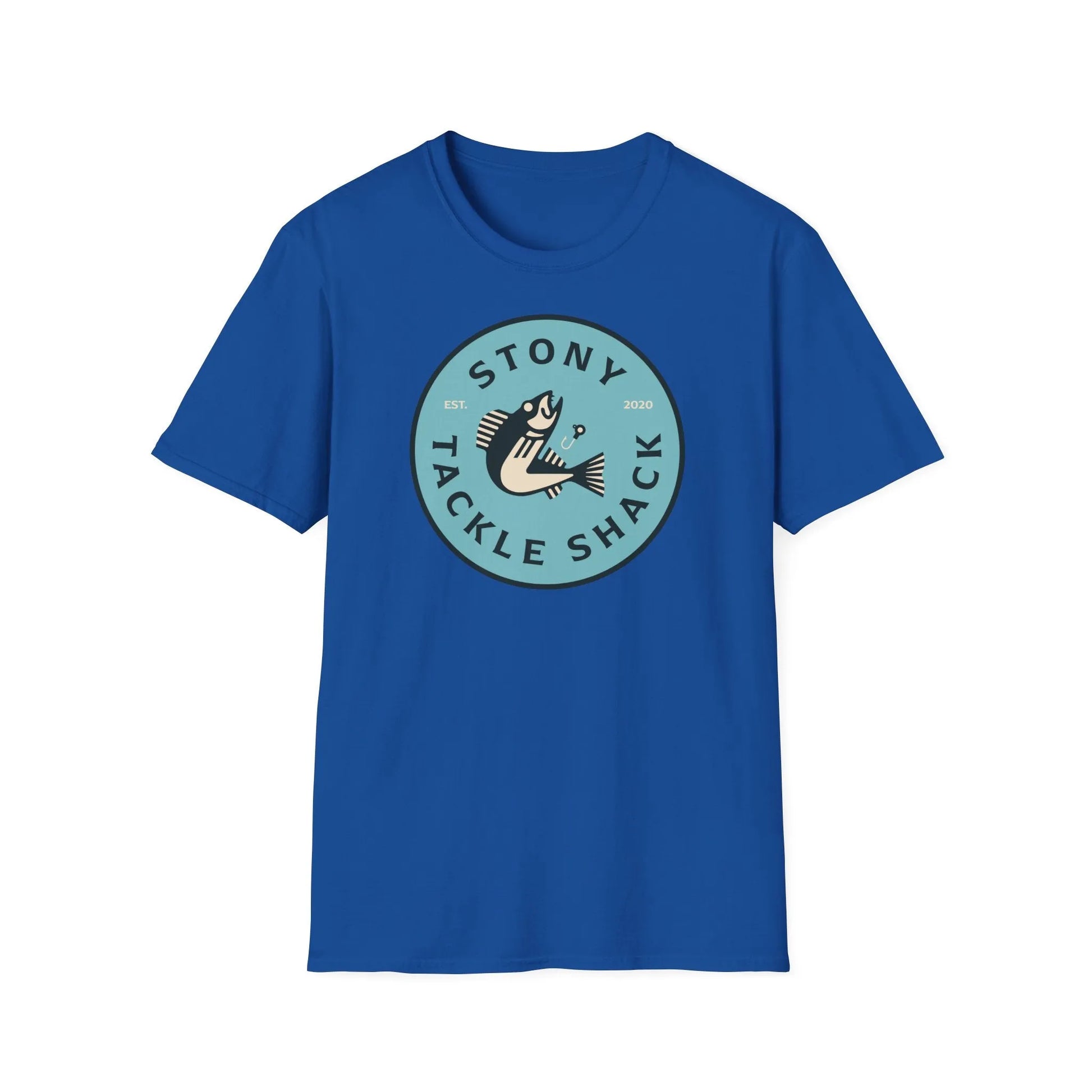Blue t-shirt with 'Stony Tackle Shack' logo on a white background