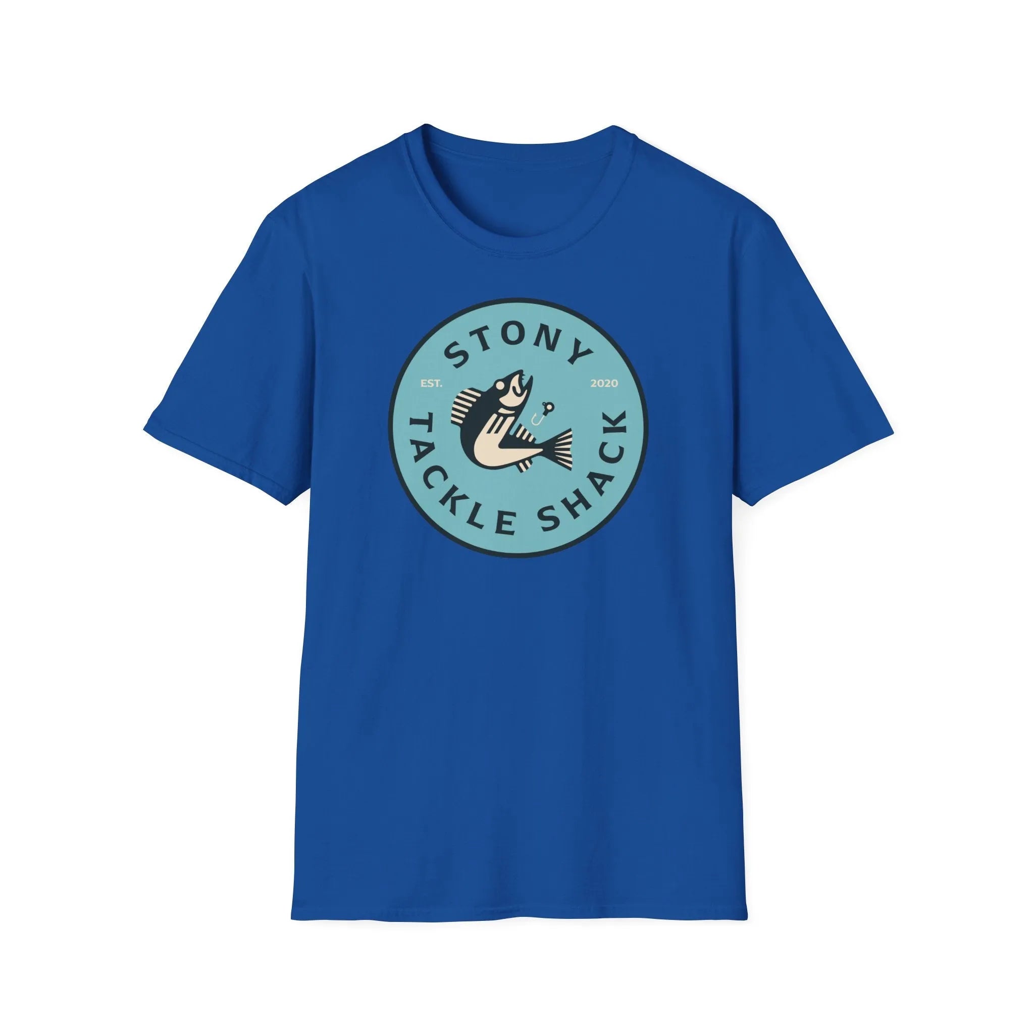 Blue t-shirt with 'Stony Tackle Shack' logo on a white background