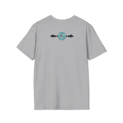 Gray t-shirt with a logo on the back against a white background