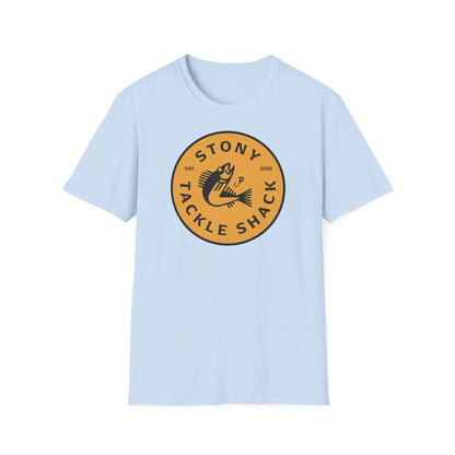 Light blue t-shirt with a yellow and black logo on a white background