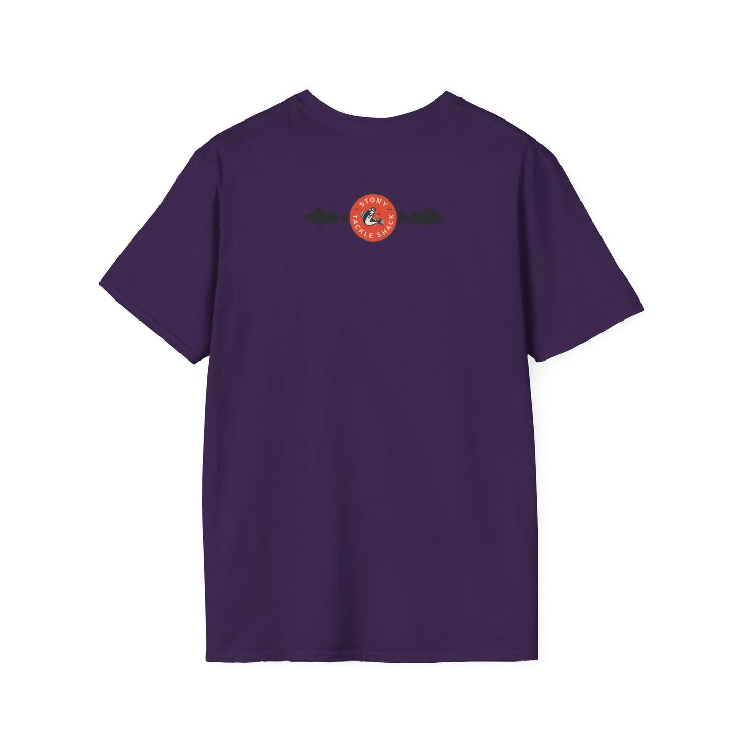 Purple t-shirt with a red logo on the back against a white background