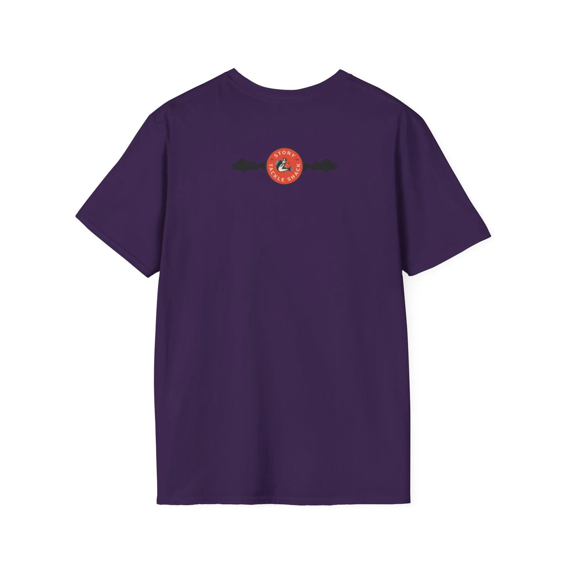 Purple t-shirt with a red logo on the back against a white background