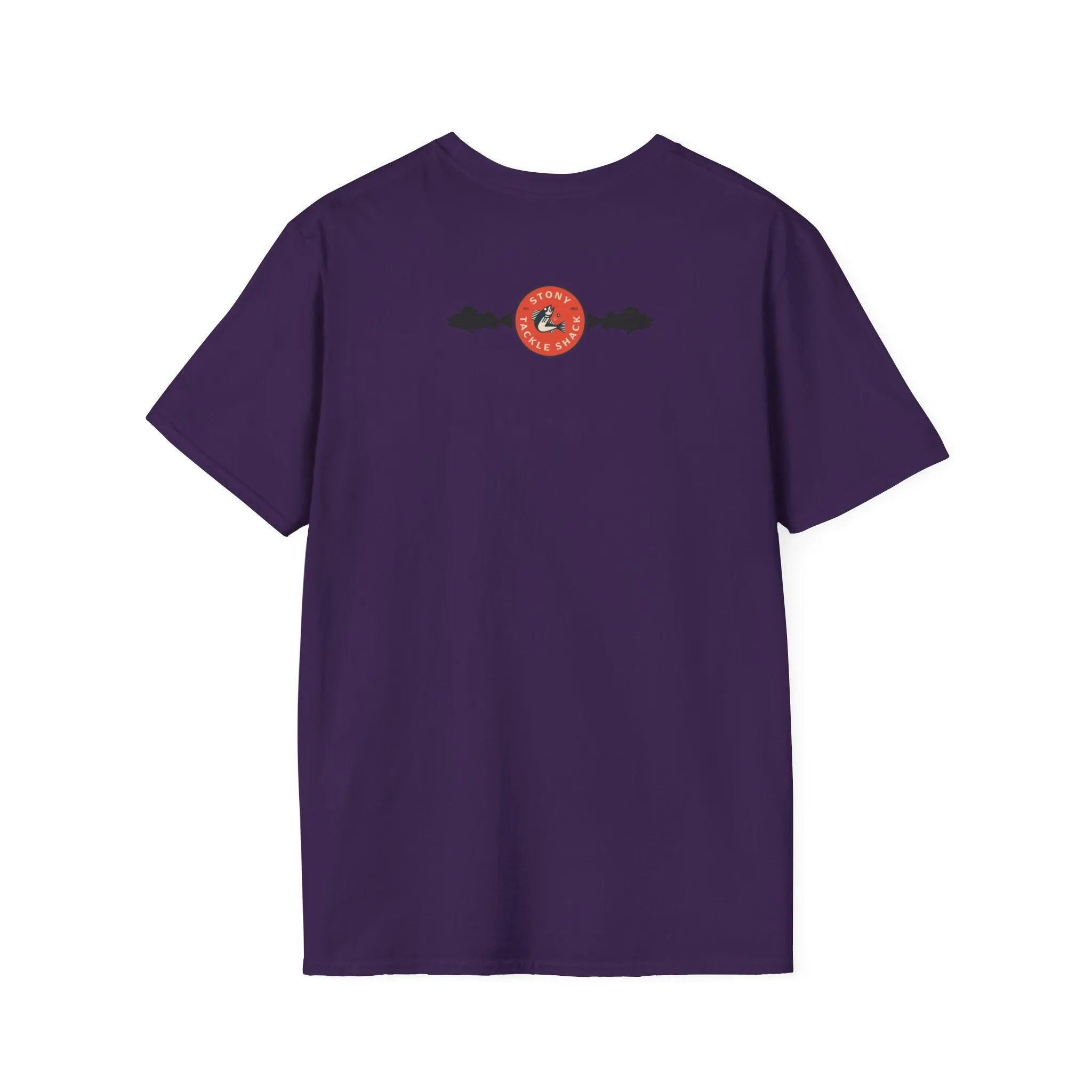 Purple t-shirt with a red logo on the back against a white background