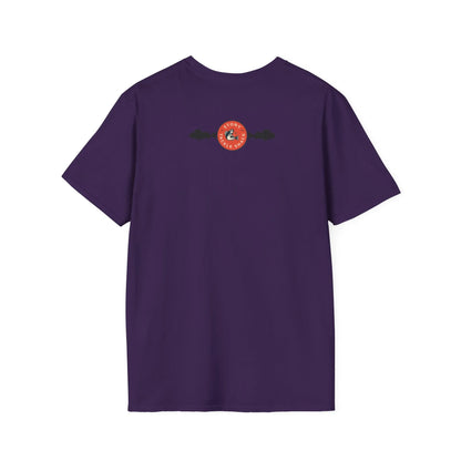 Purple t-shirt with a red logo on the back against a white background