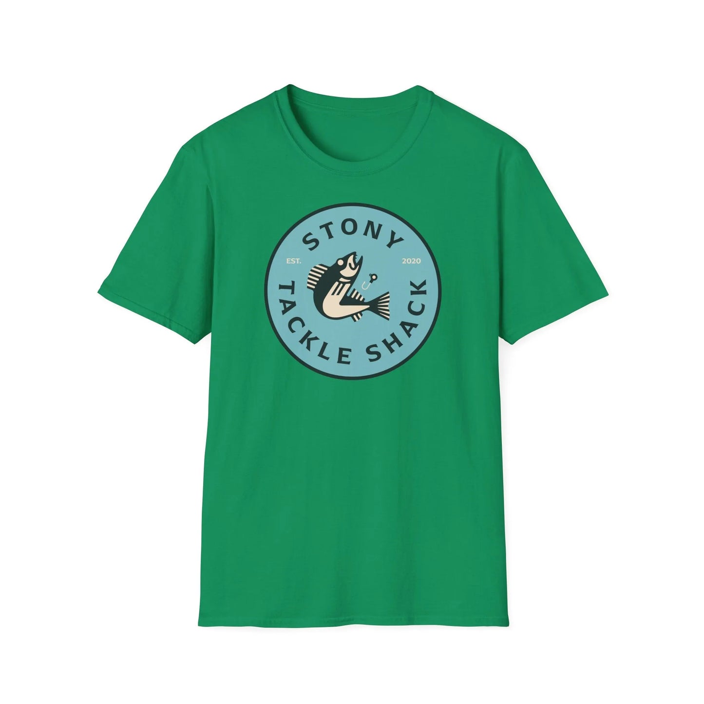 Green t-shirt with 'Stony Tackle Shack' logo on a white background