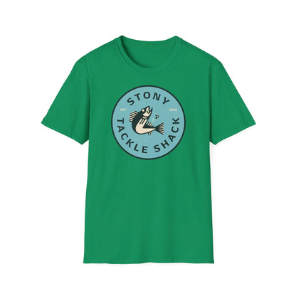 Green t-shirt with 'Stony Tackle Shack' logo on a white background