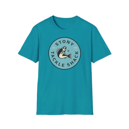 Blue t-shirt with 'Stony Tackle Shack' logo on a white background