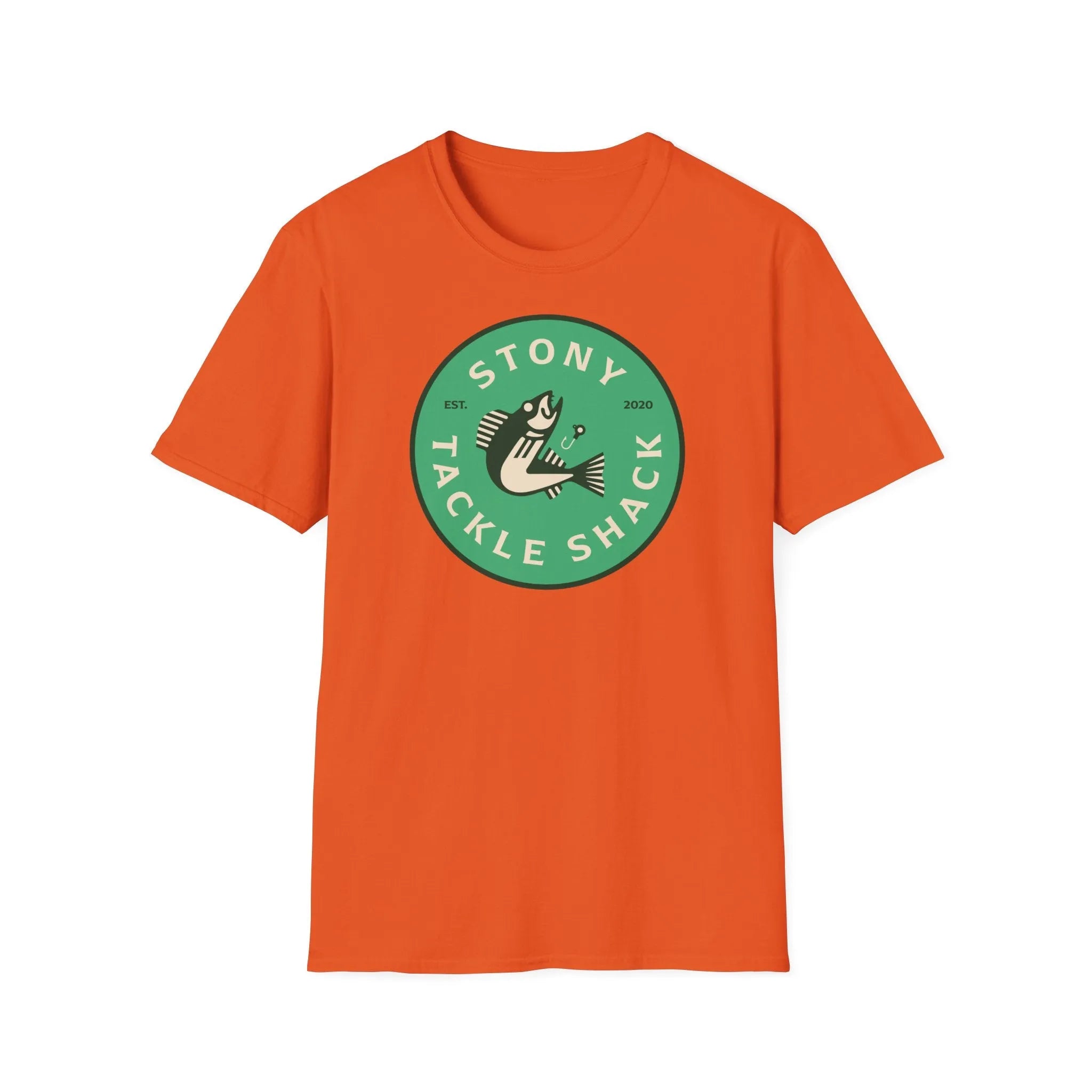 Orange t-shirt with a green logo and text on a white background