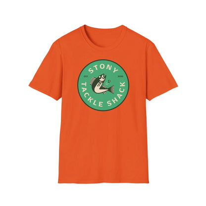 Orange t-shirt with a green logo and text on a white background