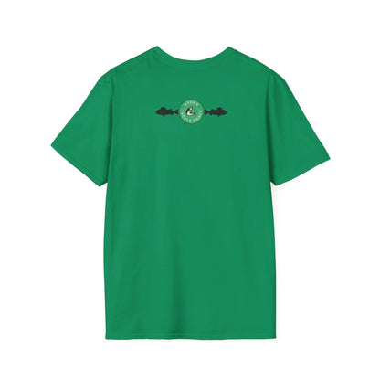 Green t-shirt with a green  logo on the back against a white background